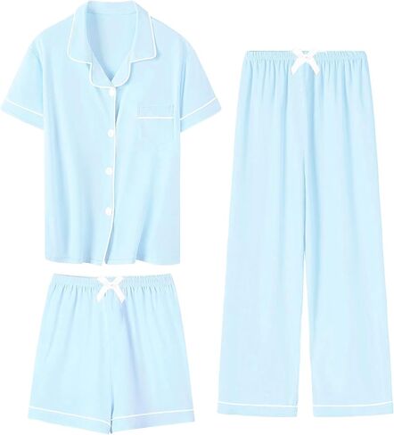 SANGTREE Girls & Women 100% Cotton Pajamas Set 3pcs Button Down Top with Long Pants & Shorts Sleepwear in Kuwait