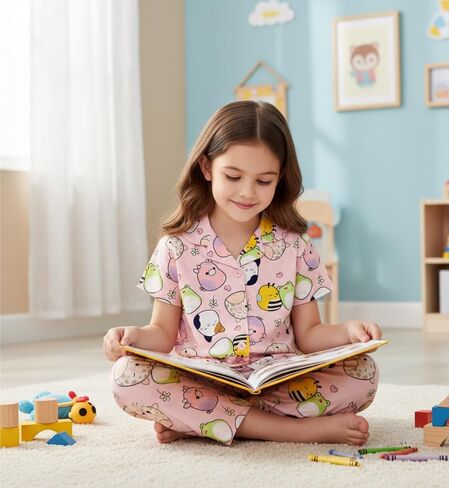 Squishmallows Girls Pajama Set - 2 Piece Girls Pjs Button Down Short Sleeve & Pants For Kids - Official Product in Kuwait