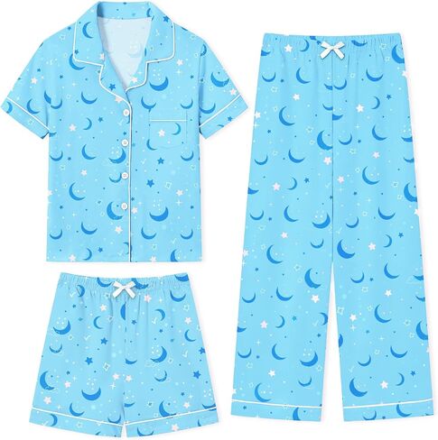 100% Cotton Girls Pajamas Set 3 Piece Soft Button Down Short Sleeve with Long Pants & Shorts Sleepwear, 5-14 Years in Saudi Arabia