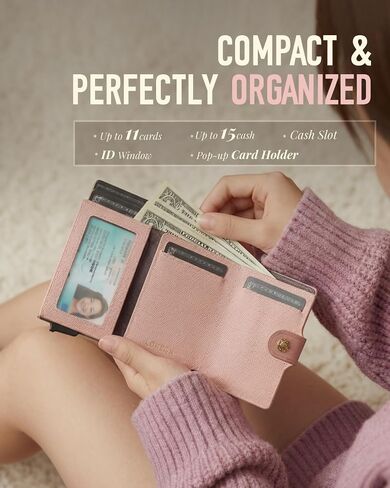 Women Wallet RFID Blocking Wallet for Women, Slim Small Size, Top Grain Leather, Pop up Credit Card Holder, Trifold, Minimalist, Pink Saffiano 9-11 Cards Capacity ID Window Cash Pocket,Gift for Her in Saudi Arabia