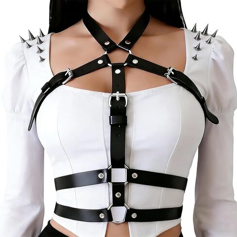 Women‘s Punk Gothic Leather Chest Harness–Adjustable Black Body Chain Belt,Body Harness Belt Lingerie Decorative Strap,Caged Bra Top.for Rave,Club Party&Valentine's Festival Costume Accessories Gift. in Saudi Arabia