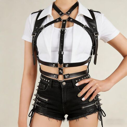 Women‘s Punk Gothic Leather Chest Harness–Adjustable Black Body Chain Belt,Body Harness Belt Lingerie Decorative Strap,Caged Bra Top.for Rave,Club Party&Valentine's Festival Costume Accessories Gift. in Saudi Arabia