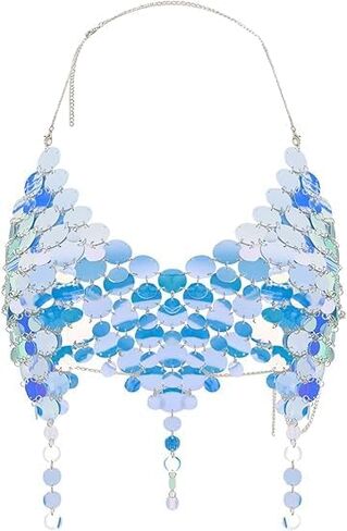 Sequin Decorated Fashion Music Festival Women Tank Top Sparkly Sequin Bra Top Iridescent Body Chain Rave Outfit for Women（Blue/PP） in Saudi Arabia
