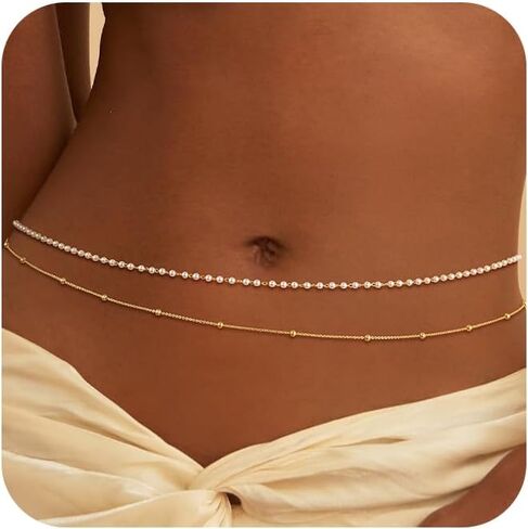 Risamil Waist Chain for Women, Dainty Gold Plated Belly Chain for The Waist Adjustable Waterproof Sexy Bikini Satellite Beads Sparkle Chain Simple Body Chain Summer Jewelry Gifts for Women in Saudi Arabia