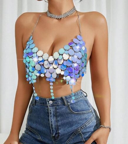 Sequin Decorated Fashion Music Festival Women Tank Top Sparkly Sequin Bra Top Iridescent Body Chain Rave Outfit for Women（Blue/PP） in Saudi Arabia