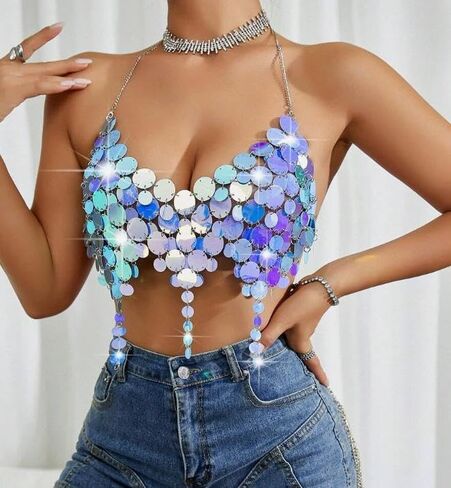 Sequin Decorated Fashion Music Festival Women Tank Top Sparkly Sequin Bra Top Iridescent Body Chain Rave Outfit for Women（Blue/PP） in Saudi Arabia