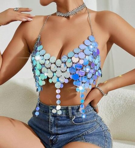 Sequin Decorated Fashion Music Festival Women Tank Top Sparkly Sequin Bra Top Iridescent Body Chain Rave Outfit for Women（Blue/PP） in Saudi Arabia