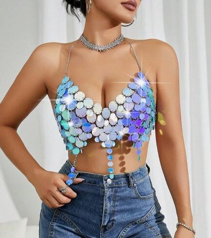 Sequin Decorated Fashion Music Festival Women Tank Top Sparkly Sequin Bra Top Iridescent Body Chain Rave Outfit for Women（Blue/PP） in Saudi Arabia