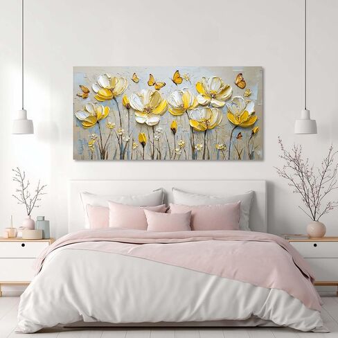 Ggaafet Yellow Floral Butterfly Wall Art for Bedroom Canvas Oil Painting Prints Beautiful Flower Beds Art Deco Pretty Spring Artwork Office Girls Room Decor in Saudi Arabia
