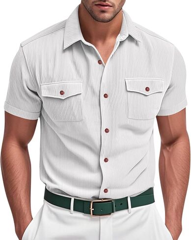 Shirts for Men Short Sleeve Button Down Lapel Blouse Breathable Solid Striped Tee Summer Beach Tops with Pockets in Kuwait