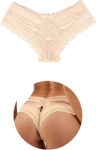 comeondear Womens Cheeky Panties Lace Thong Plus Size Breathable Panties Sexy Crisscross Strappy Underwear Bikini Briefs in Kuwait