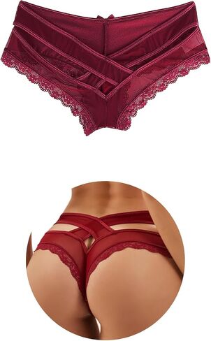 comeondear Womens Cheeky Panties Lace Thong Plus Size Breathable Panties Sexy Crisscross Strappy Underwear Bikini Briefs in Kuwait