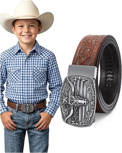 BELTROAD Kids Western Ratchet Belt for Boys Girls, Genuine Leather Ratchet Cowboy Belt for Boys with Automatic Western Buckle in Kuwait