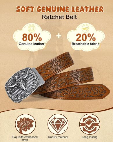 BELTROAD Kids Western Ratchet Belt for Boys Girls, Genuine Leather Ratchet Cowboy Belt for Boys with Automatic Western Buckle in Kuwait