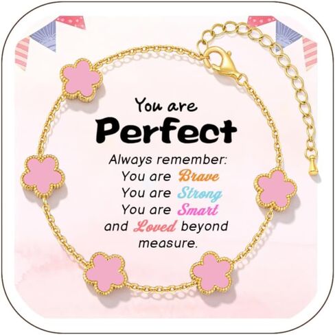 Gold Floral Bracelets for Girls - 18K Gold Plated Stainless Steel Bracelet Non Tarnish,Cute Lucky Five-leafs Flower Kids Jewelry Birthday Graduation Holiday Back to School Gift for Girl Teens Daughter in Kuwait
