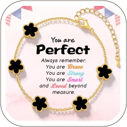 Gold Floral Bracelets for Girls - 18K Gold Plated Stainless Steel Bracelet Non Tarnish,Cute Lucky Five-leafs Flower Kids Jewelry Birthday Graduation Holiday Back to School Gift for Girl Teens Daughter in Kuwait