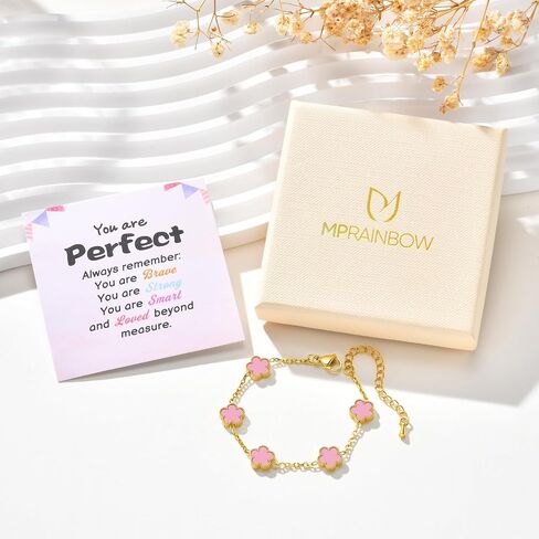 Gold Floral Bracelets for Girls - 18K Gold Plated Stainless Steel Bracelet Non Tarnish,Cute Lucky Five-leafs Flower Kids Jewelry Birthday Graduation Holiday Back to School Gift for Girl Teens Daughter in Kuwait