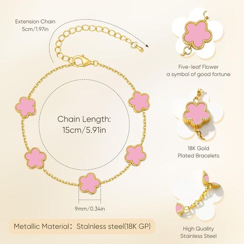 Gold Floral Bracelets for Girls - 18K Gold Plated Stainless Steel Bracelet Non Tarnish,Cute Lucky Five-leafs Flower Kids Jewelry Birthday Graduation Holiday Back to School Gift for Girl Teens Daughter in Kuwait