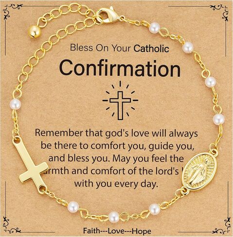 Gnamy Catholic First Communion Confirmation Baptism Gifts for Girls Teens, 16K Gold Plated Virgin Mary Cross Simulated Pearl Rosary Beads Link Chain Bracelet Religious Jewelry Gifts in Saudi Arabia
