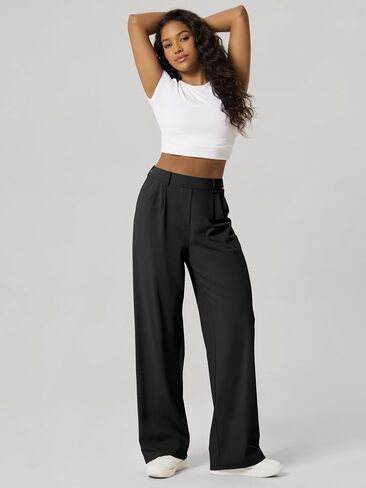 ODODOS Women's High-Rise Wide Leg Trousers, Adjustable Tailored Stretch Work Pants with Pockets, 29" /31" /33" Inseam in Kuwait