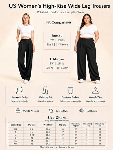 ODODOS Women's High-Rise Wide Leg Trousers, Adjustable Tailored Stretch Work Pants with Pockets, 29" /31" /33" Inseam in Kuwait