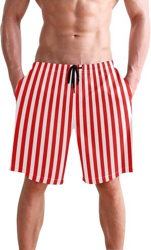 Men's Surfing Simple Red White Vertical Stripes Swimming Trunks in Kuwait
