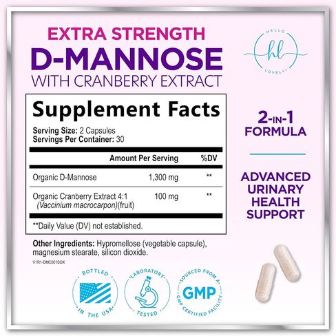 Organic D Mannose 1300mg per Serving Supplements - Extra Strength D-Mannose Capsules with Cranberry - for Natural Gentle Cleansing & Urinary Tract Health Support - Bottled in USA - 60 Capsules in Saudi Arabia