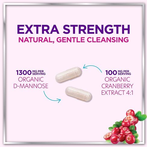 Organic D Mannose 1300mg per Serving Supplements - Extra Strength D-Mannose Capsules with Cranberry - for Natural Gentle Cleansing & Urinary Tract Health Support - Bottled in USA - 60 Capsules in Saudi Arabia