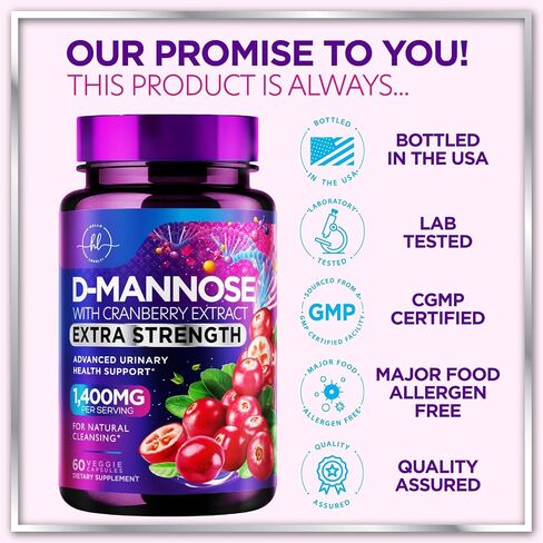 Organic D Mannose 1300mg per Serving Supplements - Extra Strength D-Mannose Capsules with Cranberry - for Natural Gentle Cleansing & Urinary Tract Health Support - Bottled in USA - 60 Capsules in Saudi Arabia