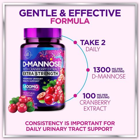 Organic D Mannose 1300mg per Serving Supplements - Extra Strength D-Mannose Capsules with Cranberry - for Natural Gentle Cleansing & Urinary Tract Health Support - Bottled in USA - 60 Capsules in Saudi Arabia