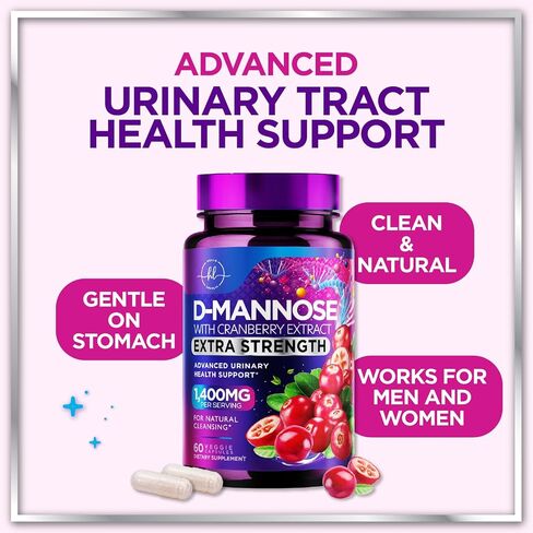 Organic D Mannose 1300mg per Serving Supplements - Extra Strength D-Mannose Capsules with Cranberry - for Natural Gentle Cleansing & Urinary Tract Health Support - Bottled in USA - 60 Capsules in Saudi Arabia
