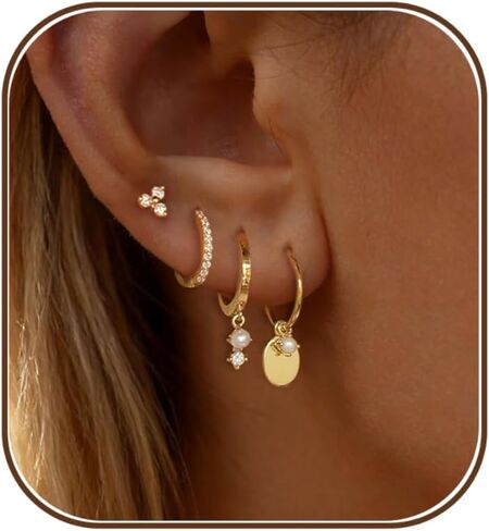 Earring Stacks for Women,Dainty 14k Gold Plated Chain Earrings Set Hypoallergenic Cute Small Huggie Hoop Earrings for Women Trendy Fashion Dangle Drop Earrings Summer Prom Jewelry Set in Saudi Arabia