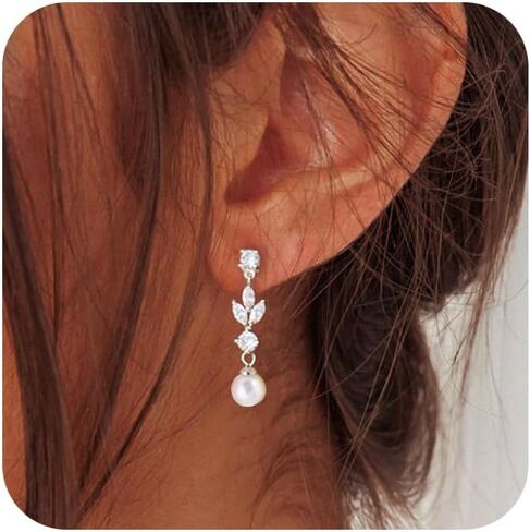 Pearl Dangle Earrings for Women Dainty Wedding Bridal Earrings 14k Gold Plated Pearl Drop Earrings for Women Trendy Long Pearls Earrings Fashion Formal Prom Jewelry for Women in Saudi Arabia
