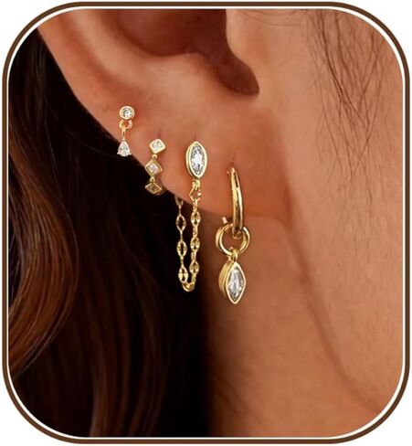 Earring Stacks for Women,Dainty 14k Gold Plated Chain Earrings Set Hypoallergenic Cute Small Huggie Hoop Earrings for Women Trendy Fashion Dangle Drop Earrings Summer Prom Jewelry Set in Saudi Arabia