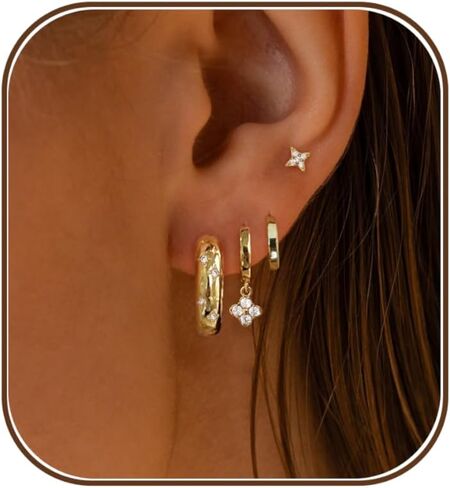 Earring Stacks for Women,Dainty 14k Gold Plated Chain Earrings Set Hypoallergenic Cute Small Huggie Hoop Earrings for Women Trendy Fashion Dangle Drop Earrings Summer Prom Jewelry Set in Saudi Arabia