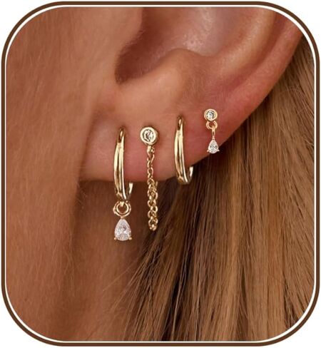 Earring Stacks for Women,Dainty 14k Gold Plated Chain Earrings Set Hypoallergenic Cute Small Huggie Hoop Earrings for Women Trendy Fashion Dangle Drop Earrings Summer Prom Jewelry Set in Saudi Arabia