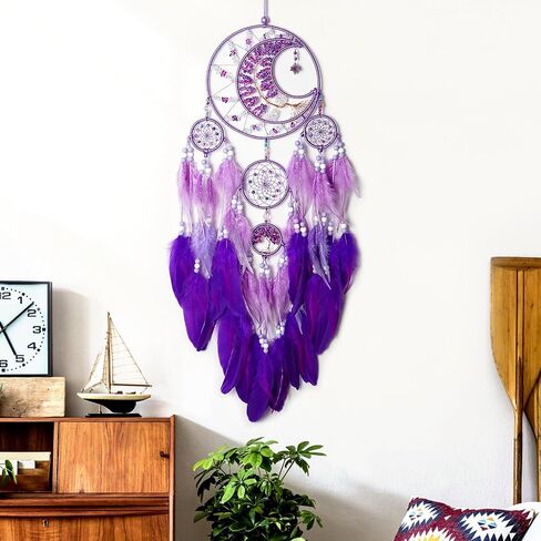 Large Dream Catchers, Handmade Woven Moon Healing Crystal Stone Dream Catcher Wall Hanging Ornament for Bedroom Living Room Wedding Party Decor, Festival Blessing Craft Gift (Purple Moon) in Kuwait