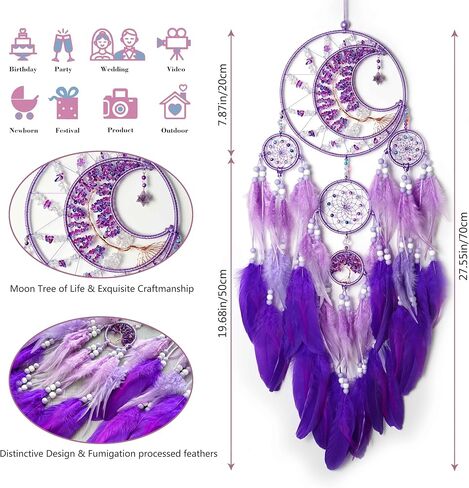 Large Dream Catchers, Handmade Woven Moon Healing Crystal Stone Dream Catcher Wall Hanging Ornament for Bedroom Living Room Wedding Party Decor, Festival Blessing Craft Gift (Purple Moon) in Kuwait