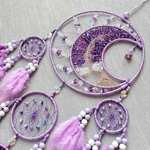 Large Dream Catchers, Handmade Woven Moon Healing Crystal Stone Dream Catcher Wall Hanging Ornament for Bedroom Living Room Wedding Party Decor, Festival Blessing Craft Gift (Purple Moon) in Kuwait