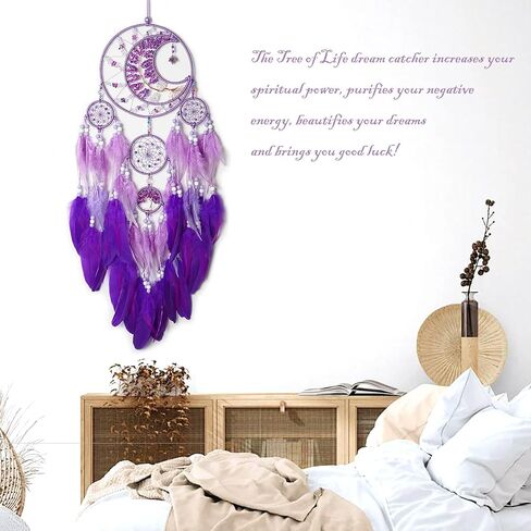 Large Dream Catchers, Handmade Woven Moon Healing Crystal Stone Dream Catcher Wall Hanging Ornament for Bedroom Living Room Wedding Party Decor, Festival Blessing Craft Gift (Purple Moon) in Kuwait