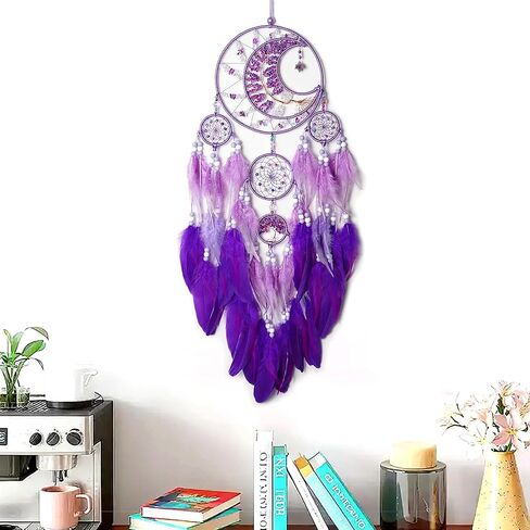 Large Dream Catchers, Handmade Woven Moon Healing Crystal Stone Dream Catcher Wall Hanging Ornament for Bedroom Living Room Wedding Party Decor, Festival Blessing Craft Gift (Purple Moon) in Kuwait