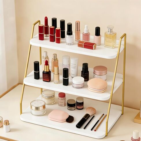 VyGrow three-layer Wooden Display Stand, Perfume Storage Rack, Party Display table, Figure and Collectibles Display Stand, Decorative and Storage Shelf (White and Gold) in Saudi Arabia
