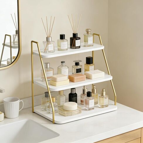 VyGrow three-layer Wooden Display Stand, Perfume Storage Rack, Party Display table, Figure and Collectibles Display Stand, Decorative and Storage Shelf (White and Gold) in Saudi Arabia