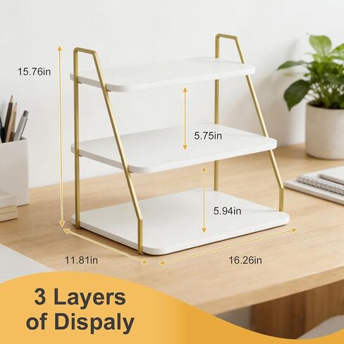 VyGrow three-layer Wooden Display Stand, Perfume Storage Rack, Party Display table, Figure and Collectibles Display Stand, Decorative and Storage Shelf (White and Gold) in Saudi Arabia