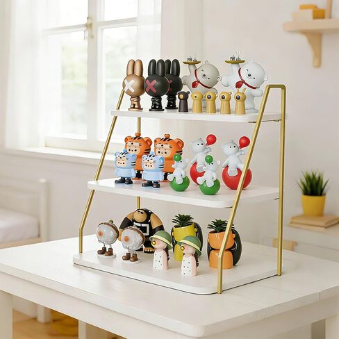 VyGrow three-layer Wooden Display Stand, Perfume Storage Rack, Party Display table, Figure and Collectibles Display Stand, Decorative and Storage Shelf (White and Gold) in Saudi Arabia