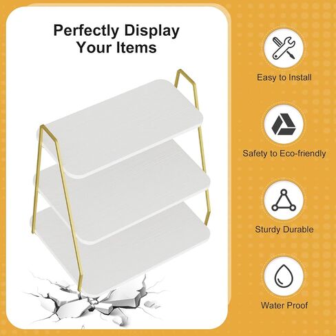 VyGrow three-layer Wooden Display Stand, Perfume Storage Rack, Party Display table, Figure and Collectibles Display Stand, Decorative and Storage Shelf (White and Gold) in Saudi Arabia