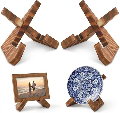 2 Pack Wood Plate Stands for Display, 5.4 Inch Wooden Plate Holders for Displaying, Cross-Type Picture Frame Stand, Wood Decorative Plate Stand for Tabletop Art Photos Books in Kuwait