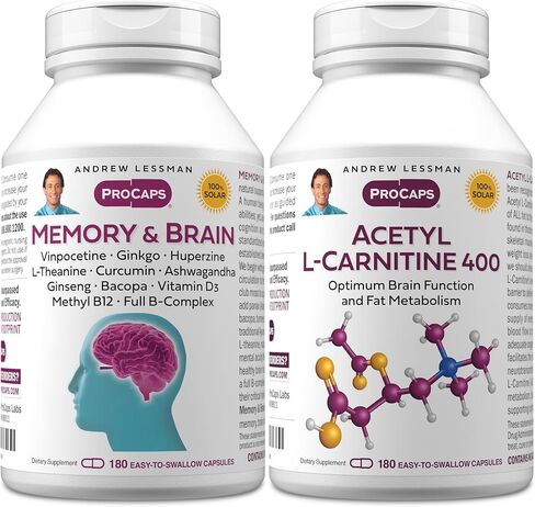 ANDREW LESSMAN Memory & Brain + Acetyl L-Carnitine Kit: 60 + 60 Capsules – Naturally Supports Brain, Memory and Mental Acuity. with Ginkgo Biloba, Bacopa, Curcumin, Ginseng, B-Complex, Vitamin D3 in Kuwait