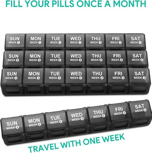 TookMag XL Monthly Pill Organizer 28 Day Pill Box, Large Medicine Pills Organizer 4 Weeks, One Month Pill Box Pill Case Travel Pill Organizer with Dust-Proof Container/Vitamin/Supplements in Kuwait