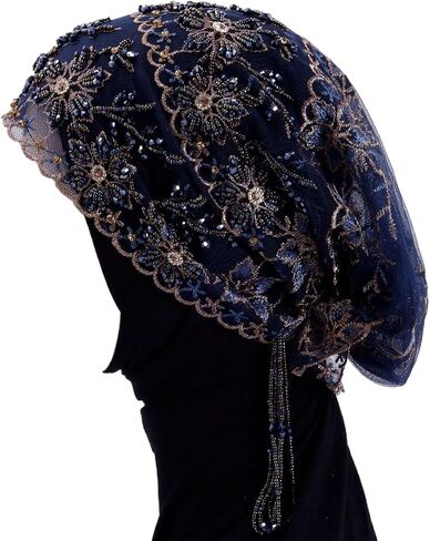 Turban Hat for Women Lace Bead Muslim Hijab Beanie Cap Floral Embroidery Beaded Headwrap Cover in Kuwait